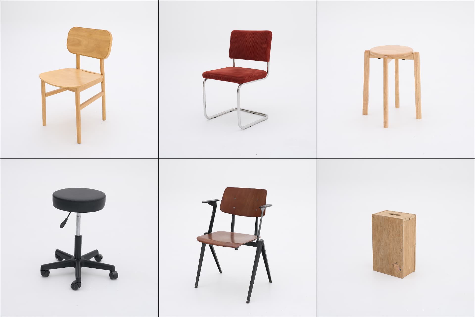 Mobilier disponible : chaises bois, chaises velours rouge, tabourets et apple box