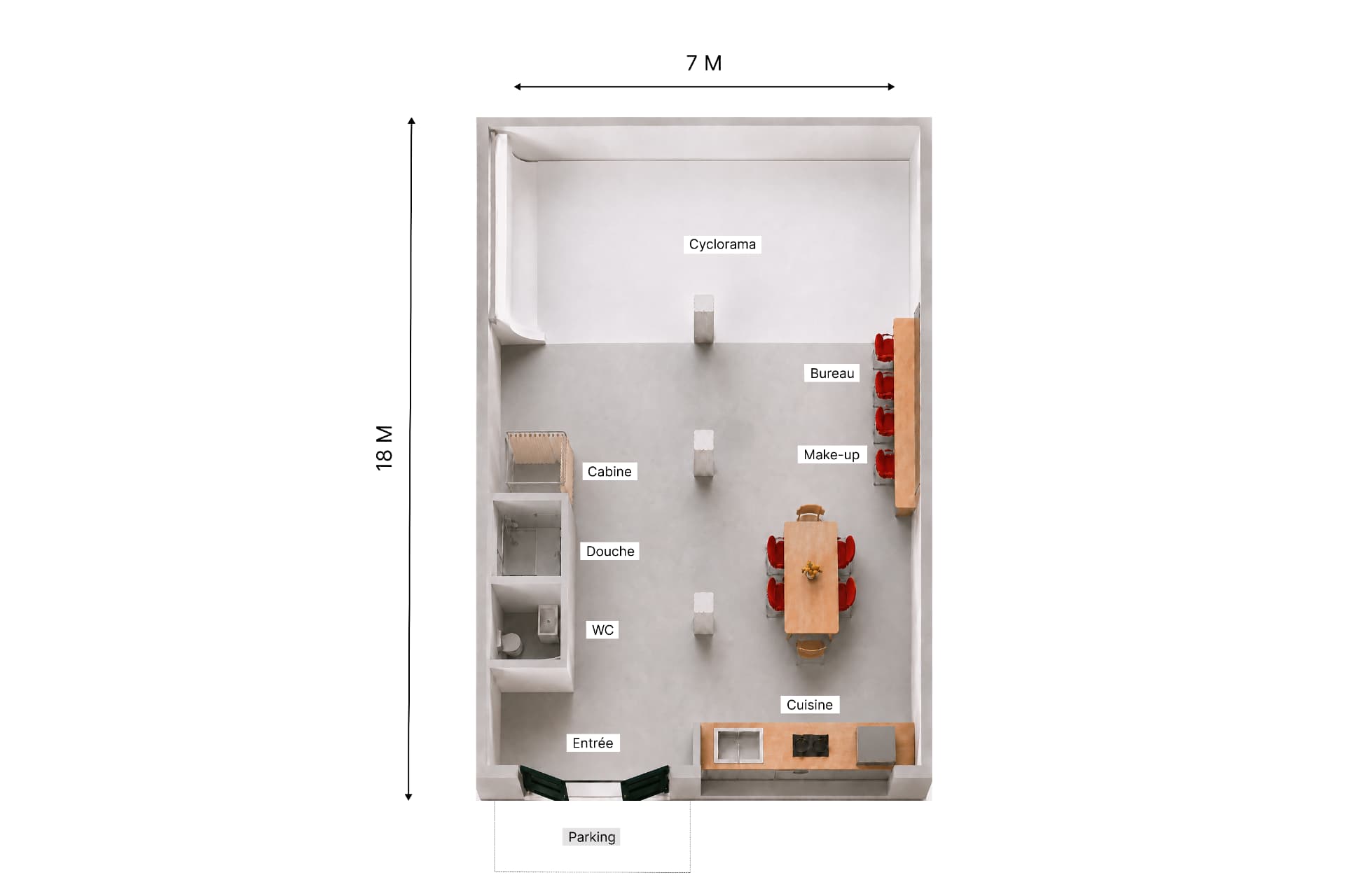 Plan en perspective du studio LEM : 18 m sur 7 m, entrée, parking, cuisine, WC/douche, cyclorama, make-up et bureau